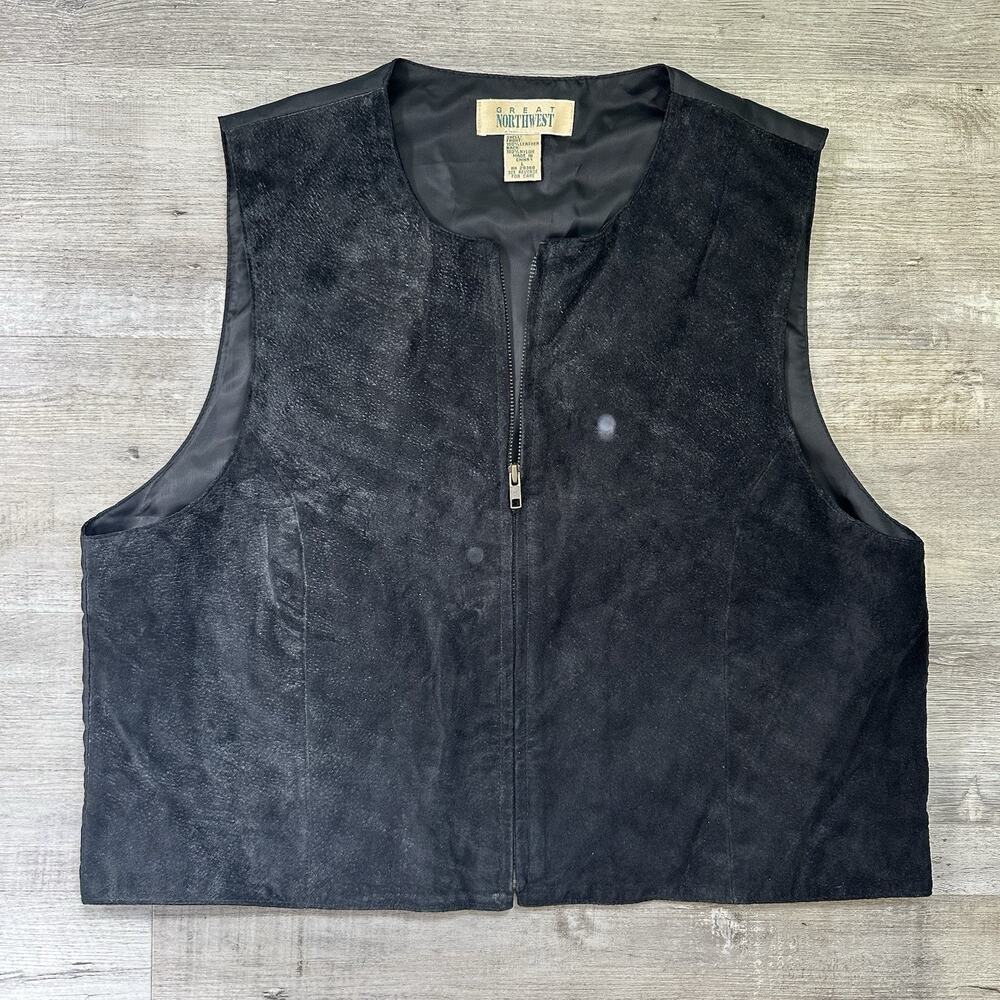 Great Northwest Black Zip Up Vest 44 in Mid-Length Solid Leather